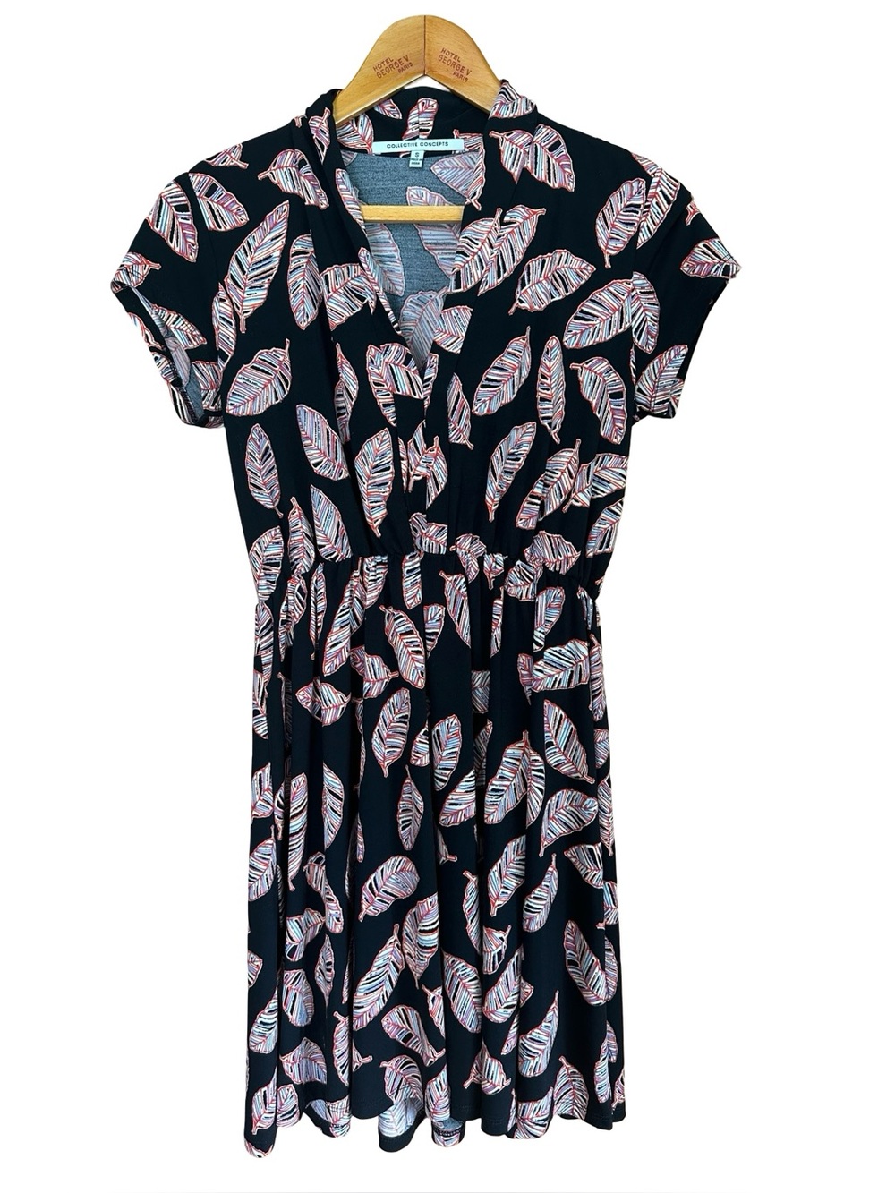 Collective Concepts Colorful Leaf Print V Neck Midi Dress Sz S